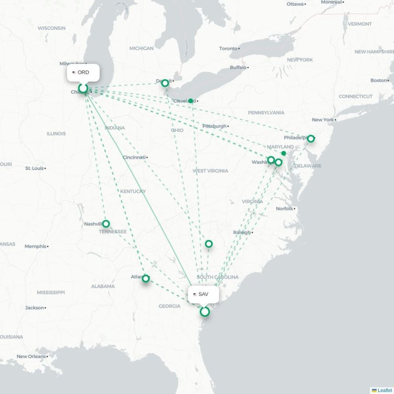 ORD - SAV route map