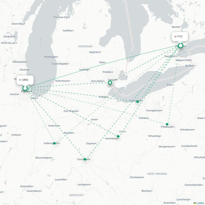 ORD - YYZ route map