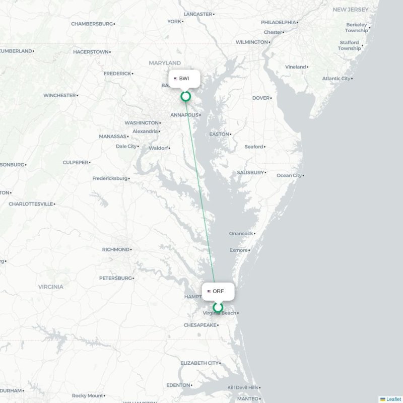 ORF - BWI route map