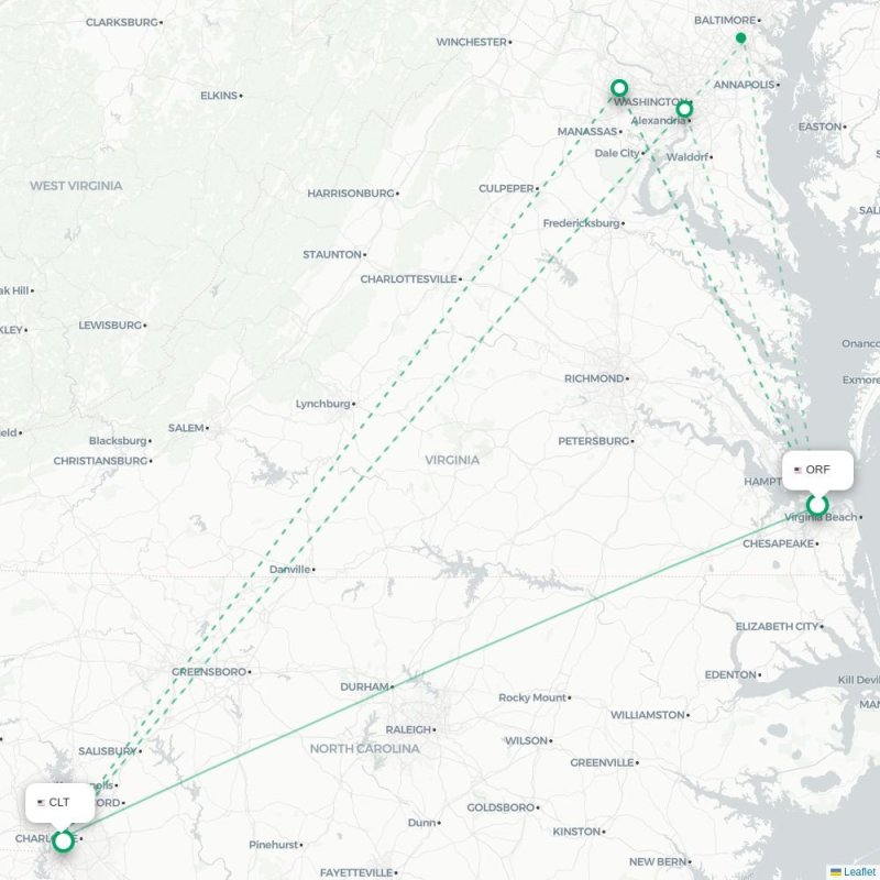 ORF - CLT route map