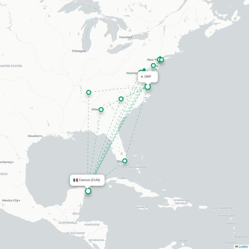 ORF - CUN route map