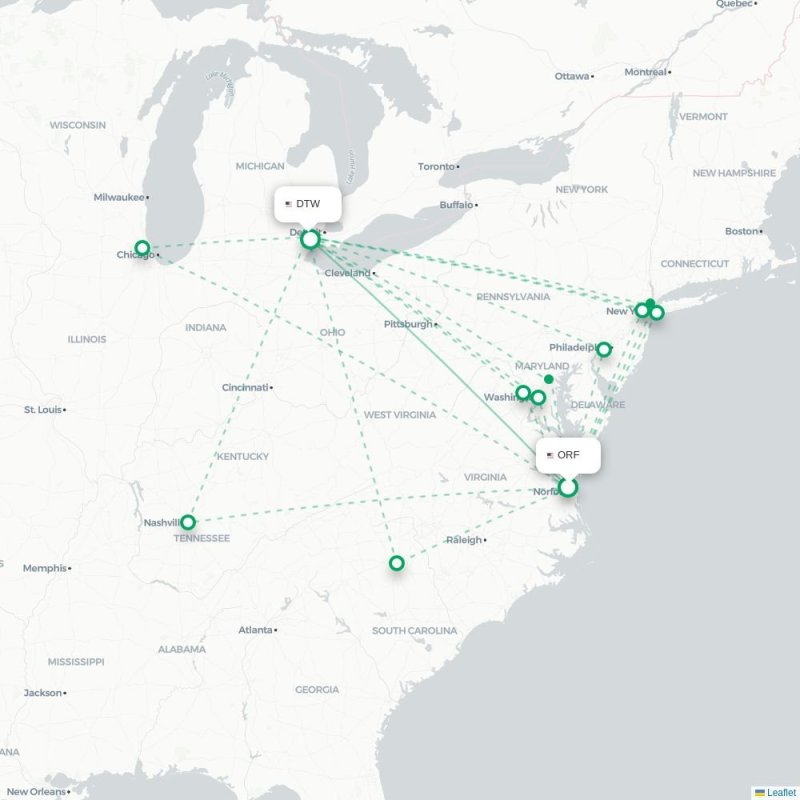 ORF - DTW route map
