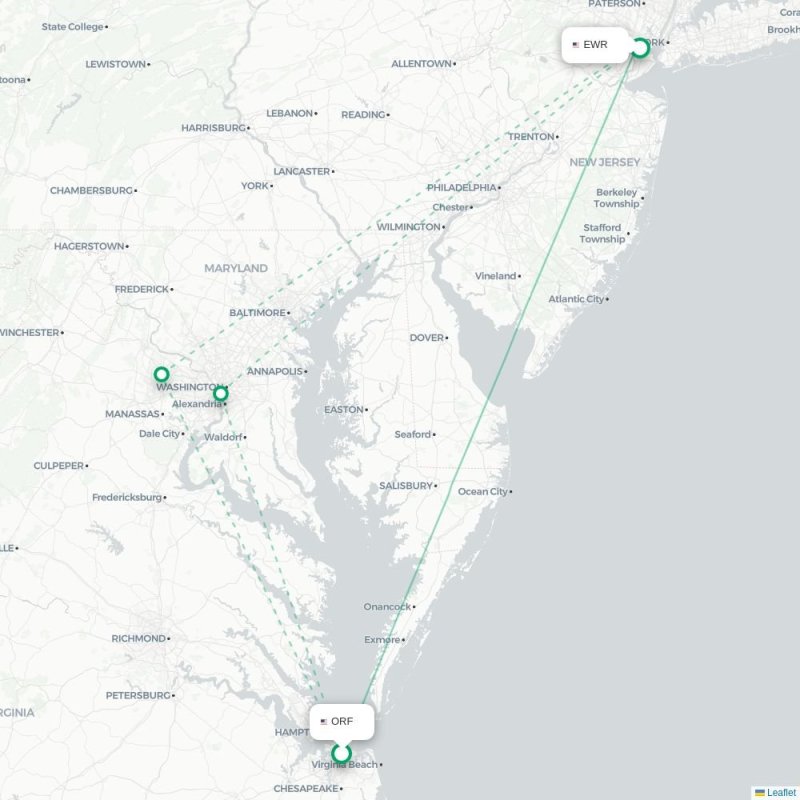 ORF - EWR route map