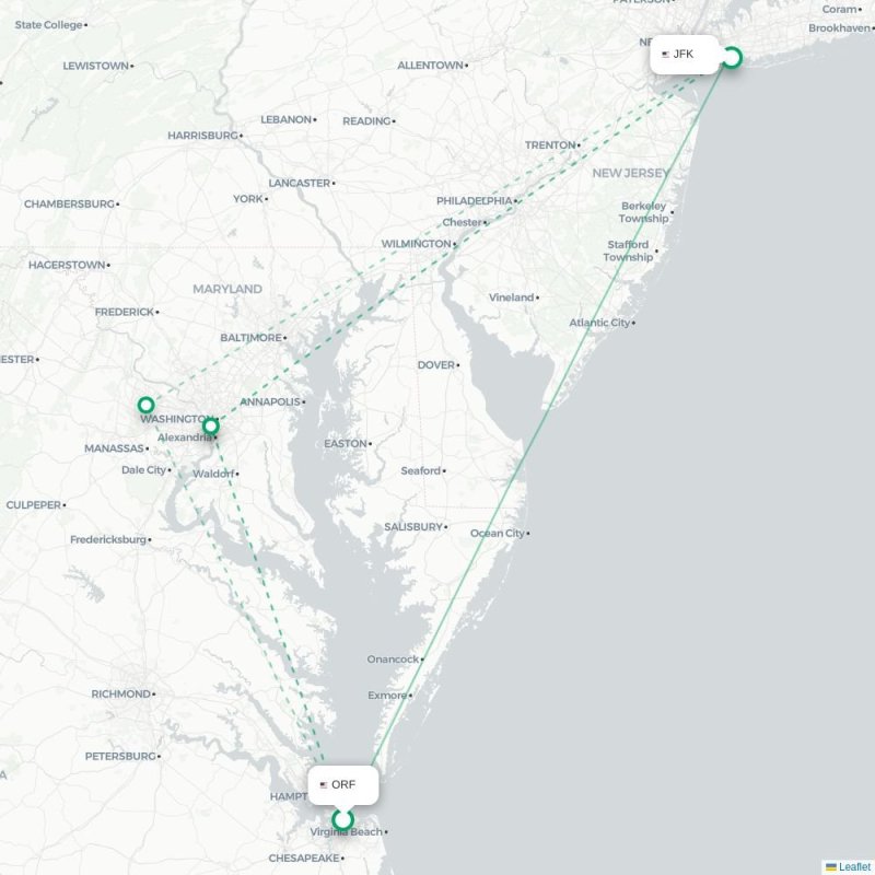 ORF - JFK route map