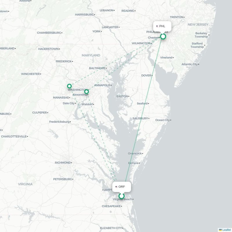 ORF - PHL route map