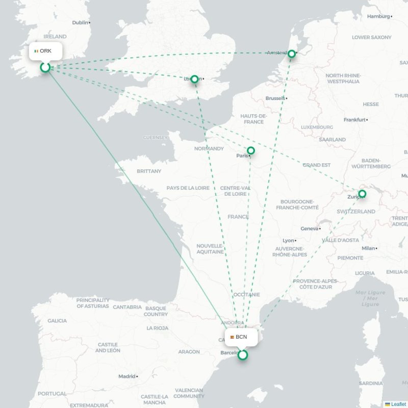 ORK - BCN route map