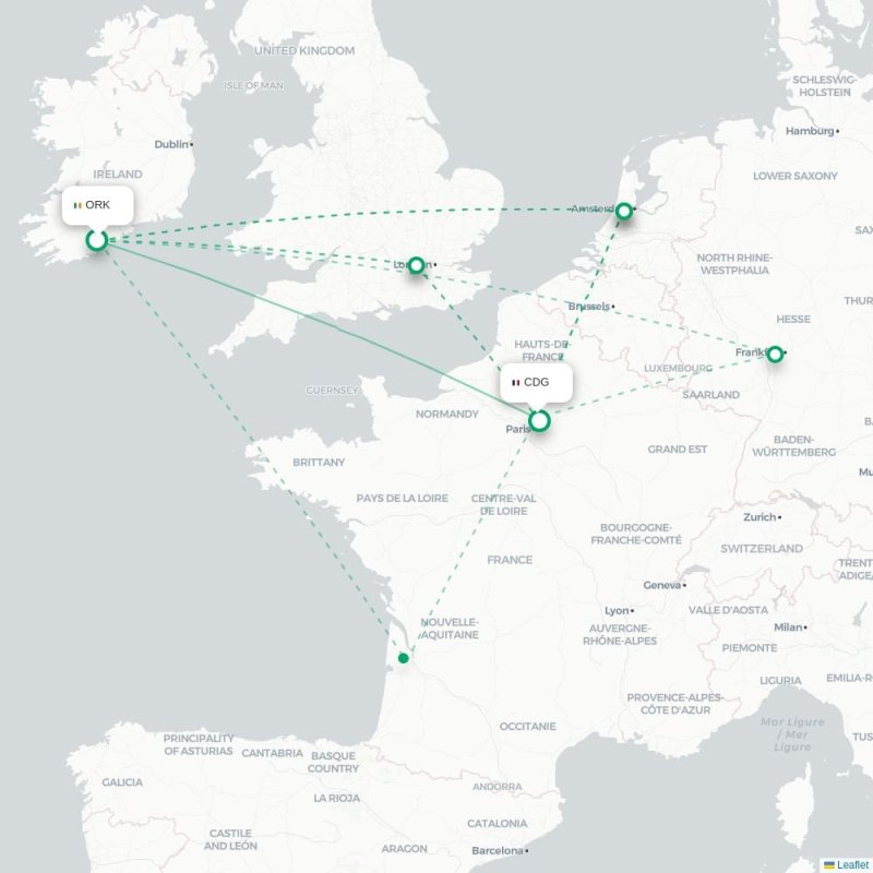 ORK - CDG route map