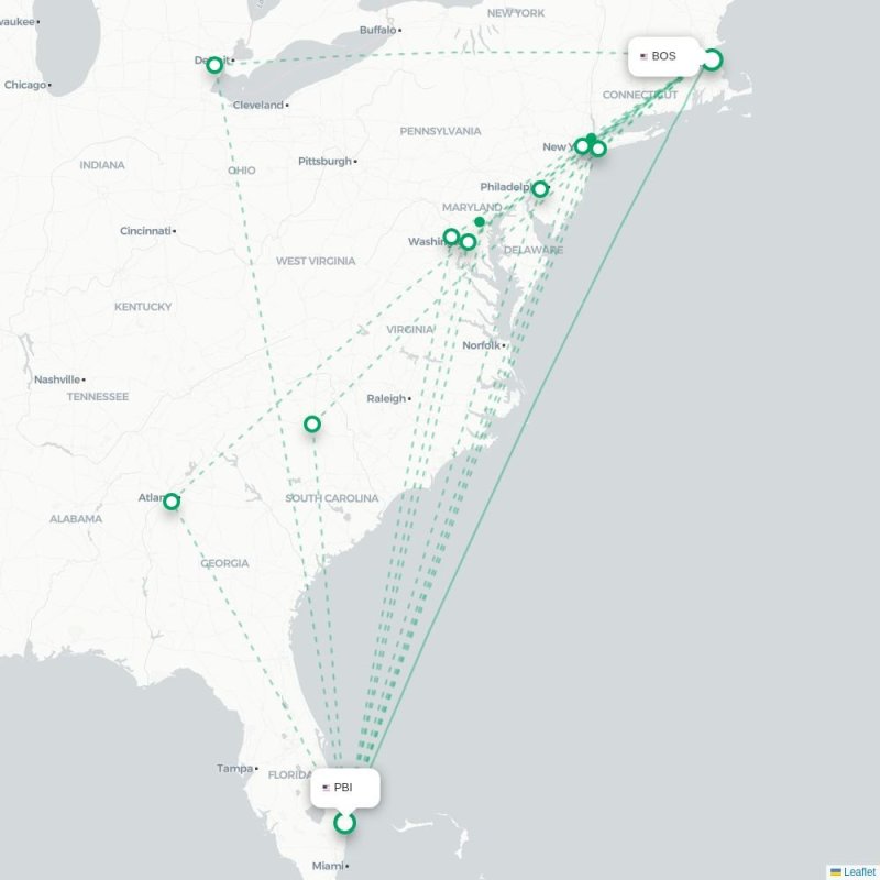 PBI - BOS route map