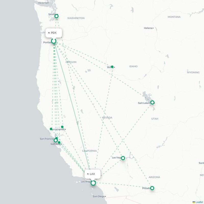 PDX - LAX route map