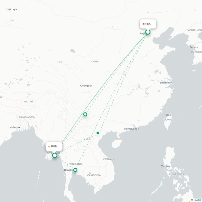 PEK - RGN route map