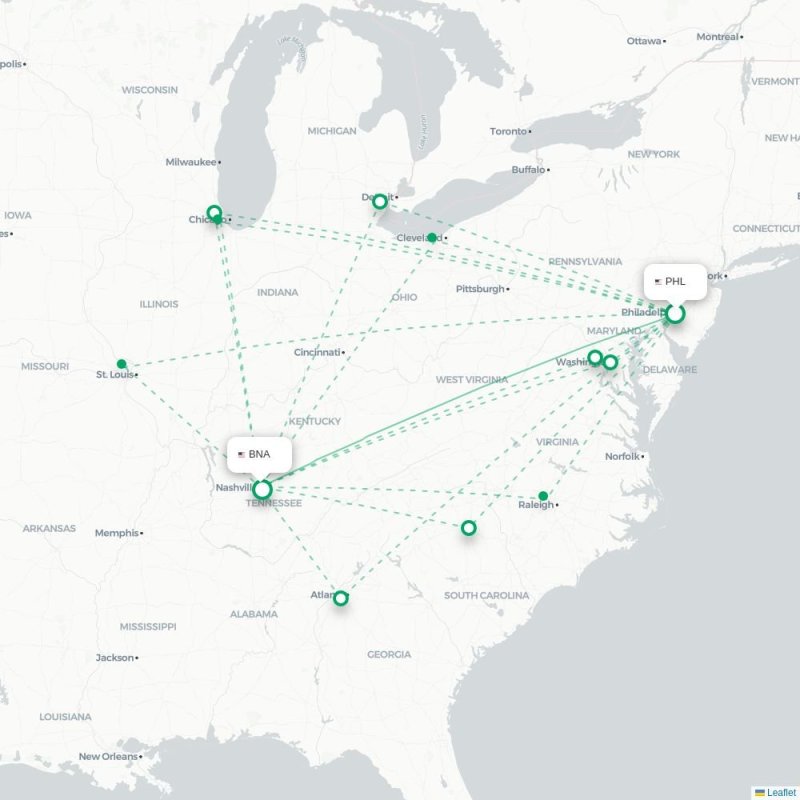 PHL - BNA route map