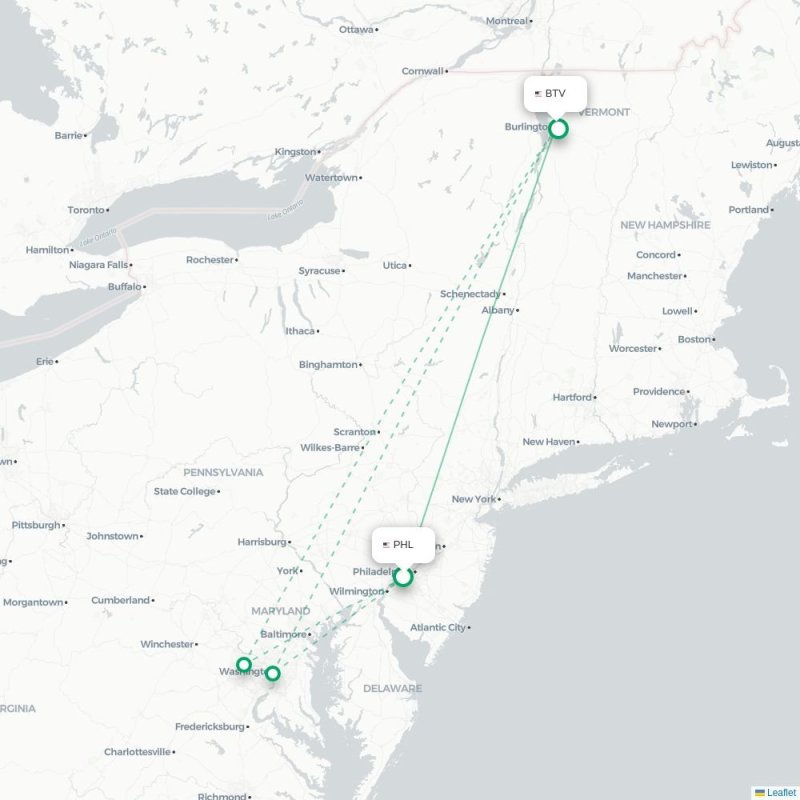 PHL - BTV route map