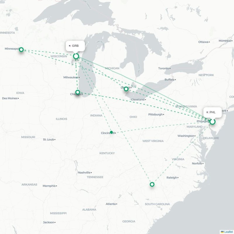 PHL - GRB route map