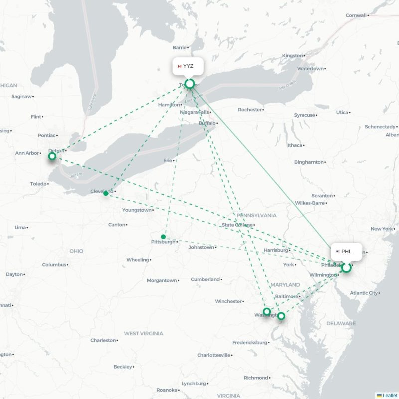 PHL - YYZ route map