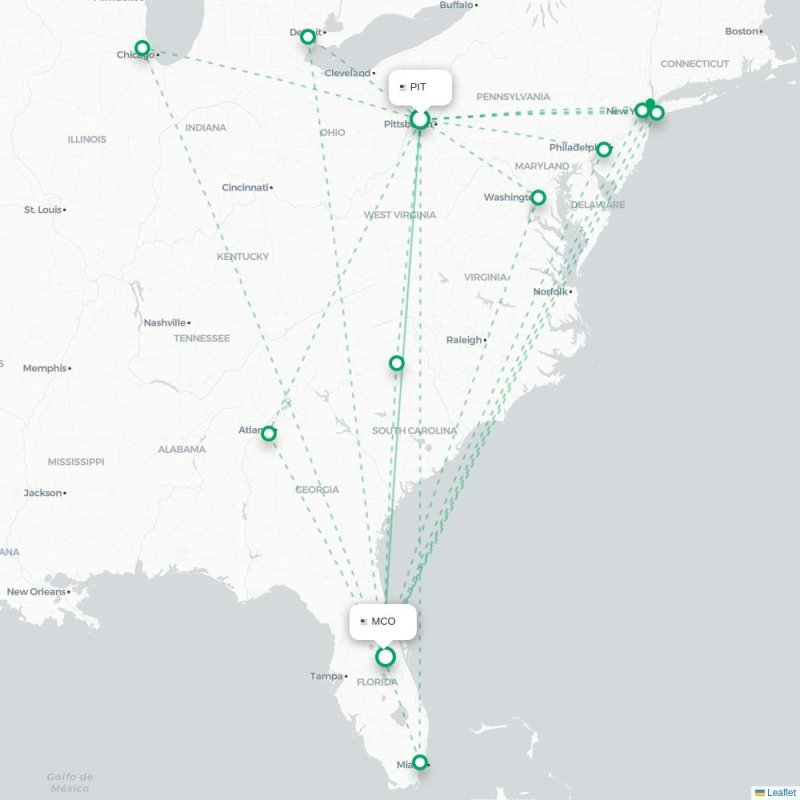 PIT - MCO route map