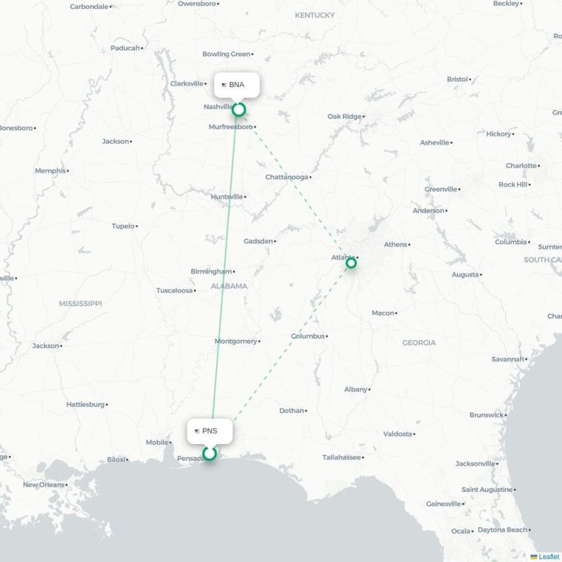PNS - BNA route map