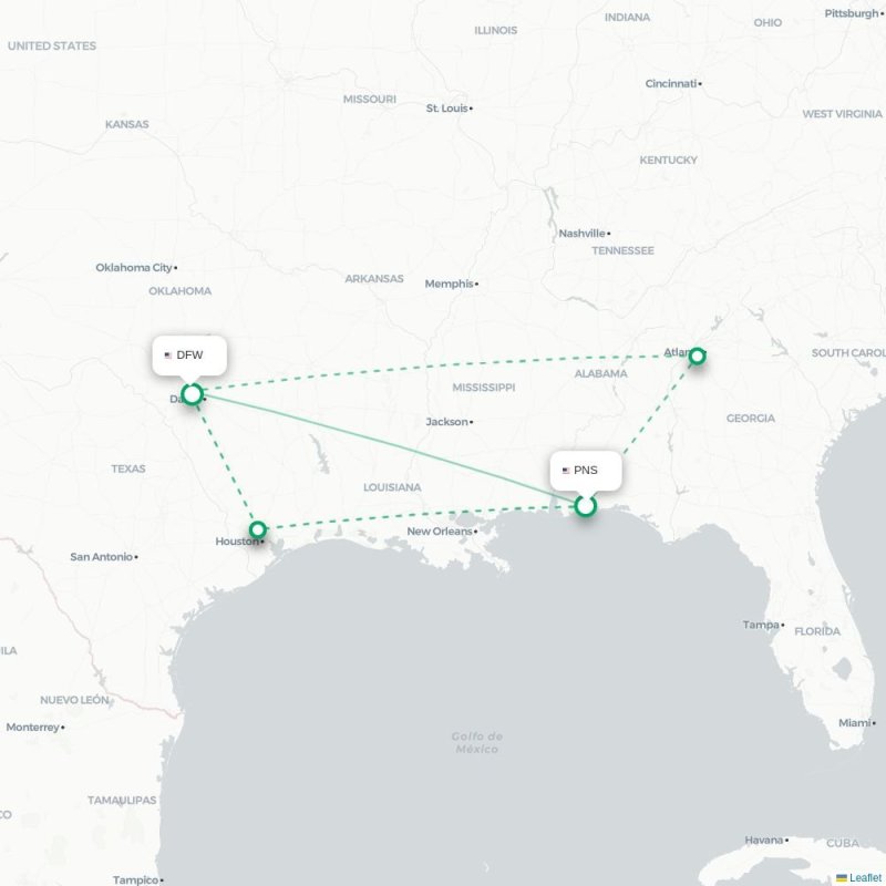 PNS - DFW route map