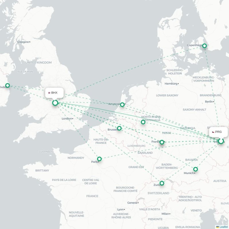 PRG - BHX route map