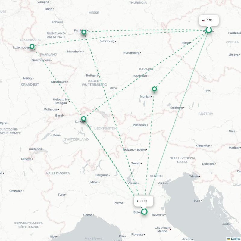 PRG - BLQ route map