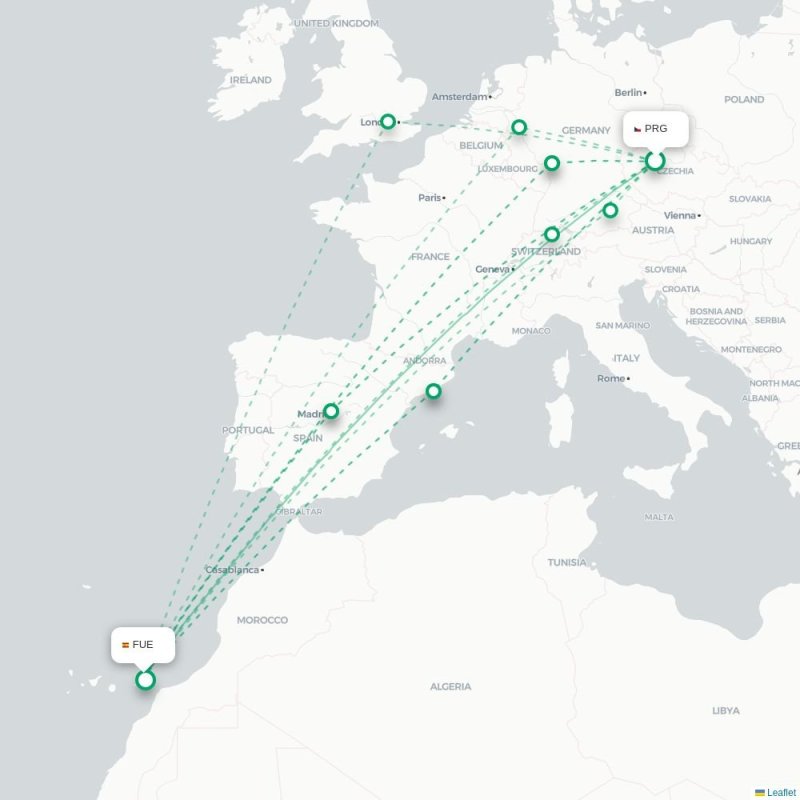 PRG - FUE route map