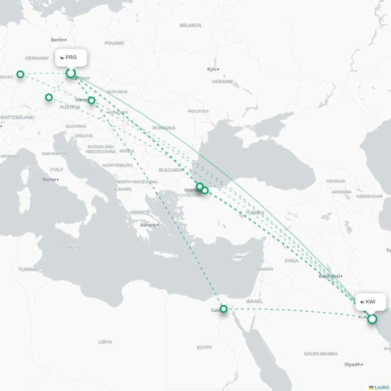 PRG - KWI route map