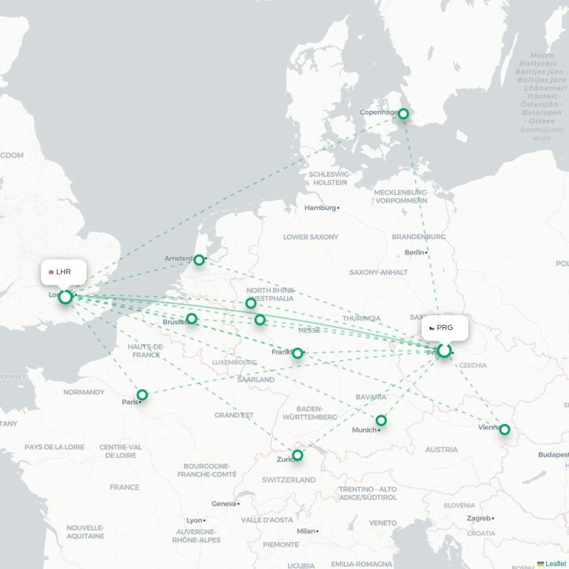 PRG - LHR route map