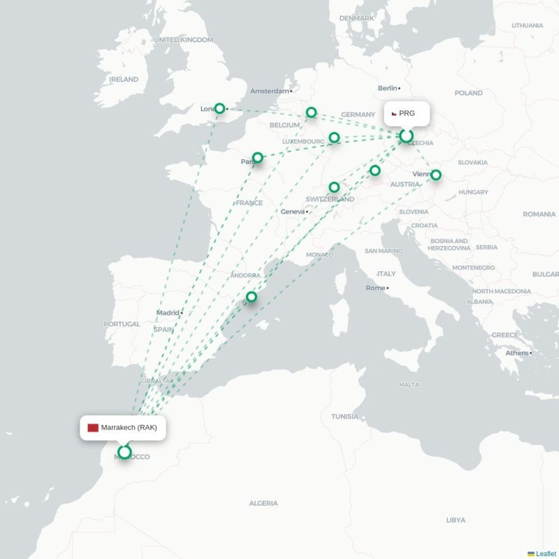 PRG - RAK route map