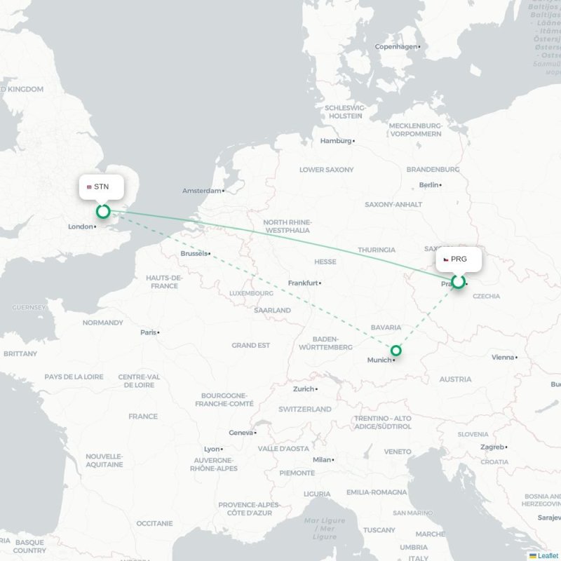 PRG - STN route map