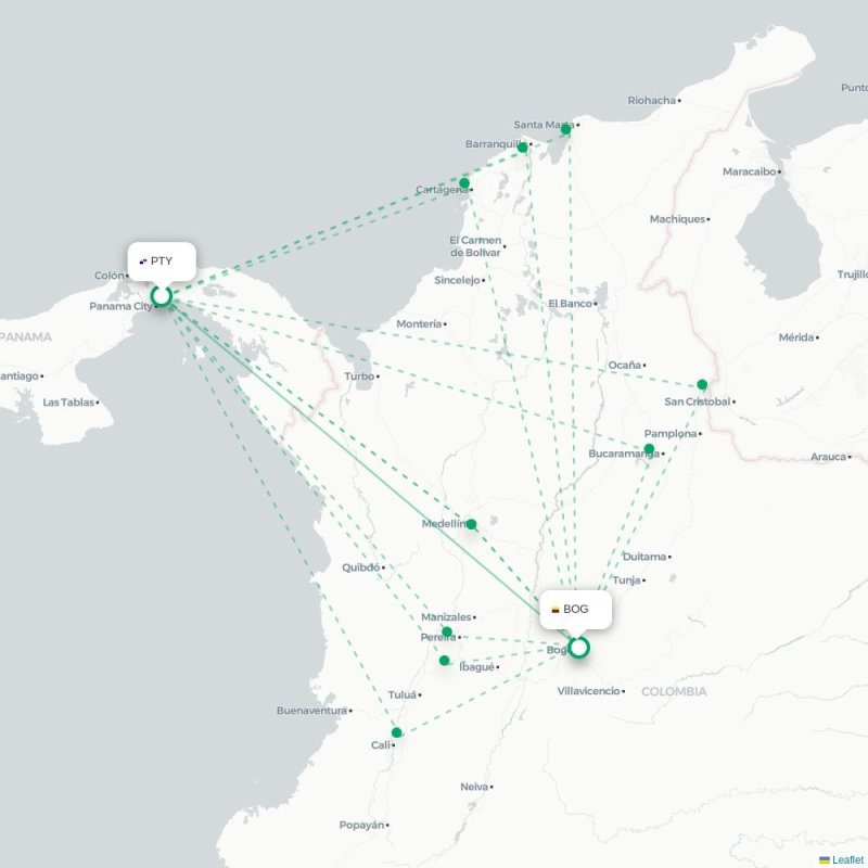 PTY - BOG route map