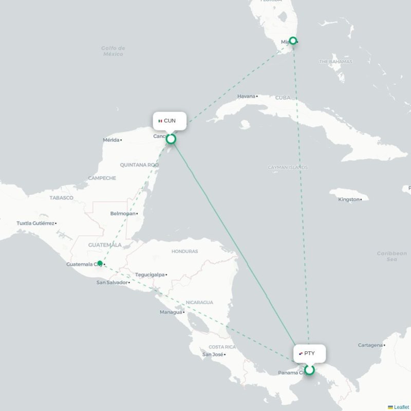 PTY - CUN route map