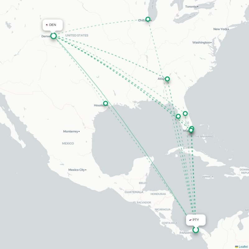 PTY - DEN route map
