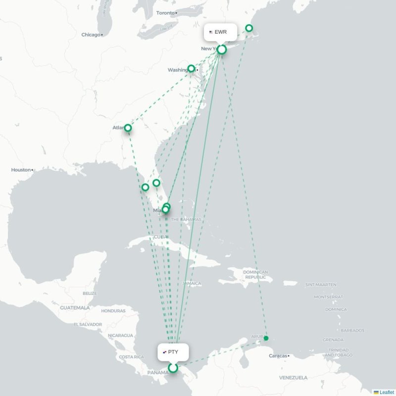PTY - EWR route map
