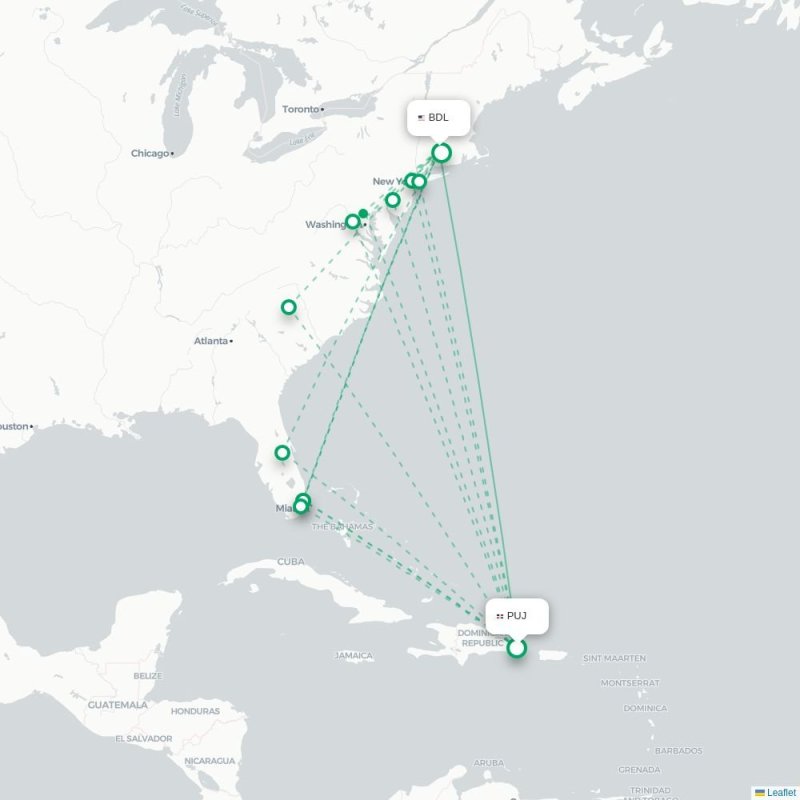 PUJ - BDL route map
