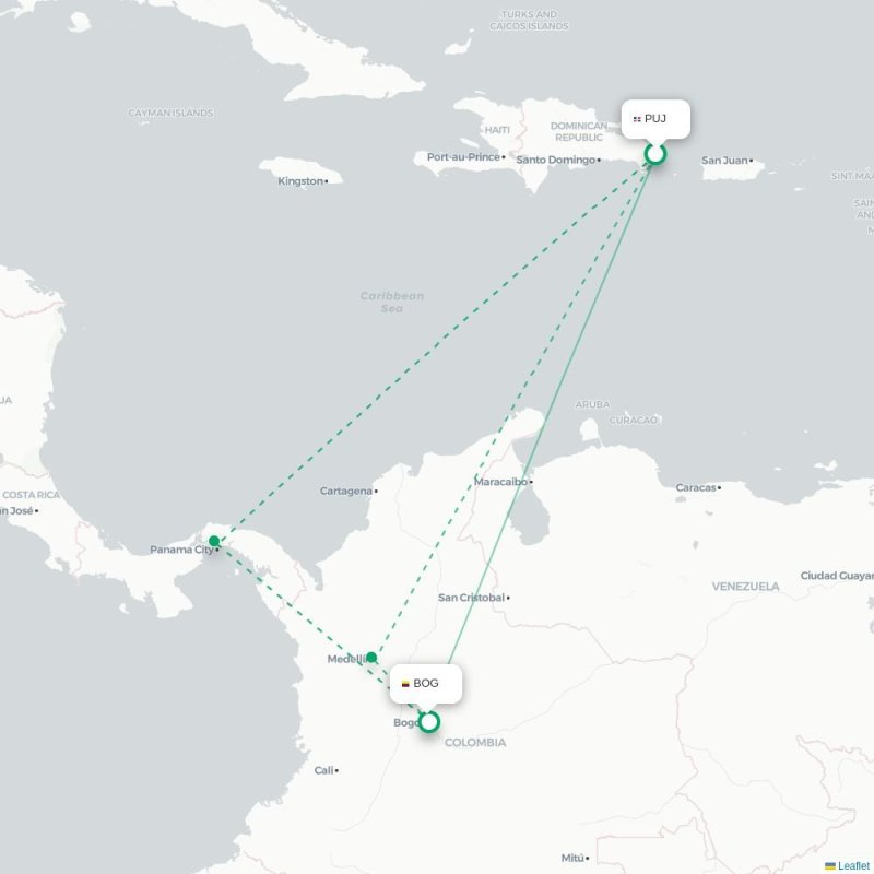 PUJ - BOG route map
