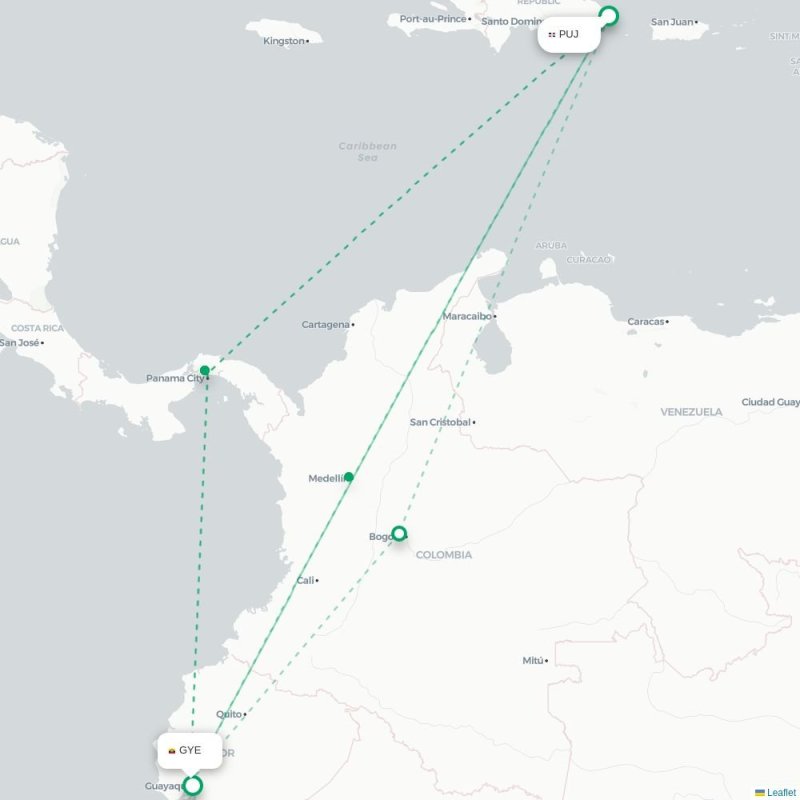 PUJ - GYE route map