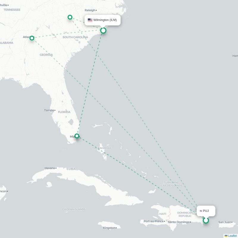 PUJ - ILM route map