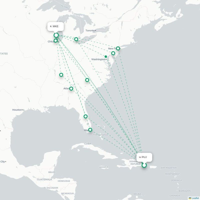 PUJ - MKE route map