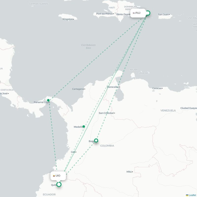 PUJ - UIO route map