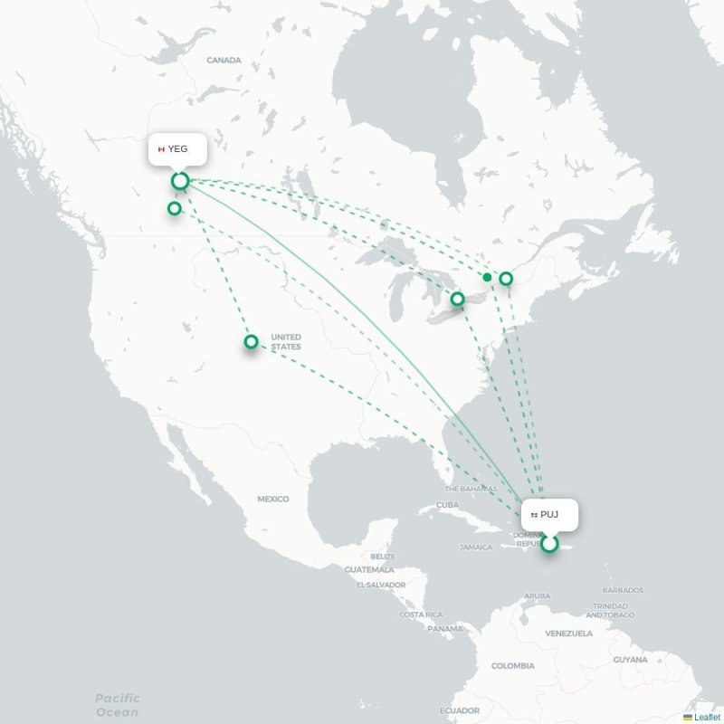PUJ - YEG route map