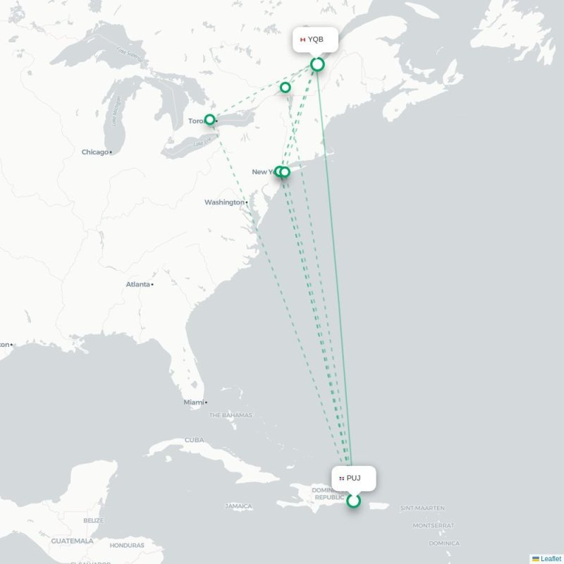 PUJ - YQB route map