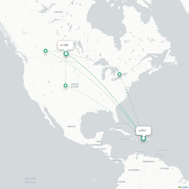 PUJ - YQR route map