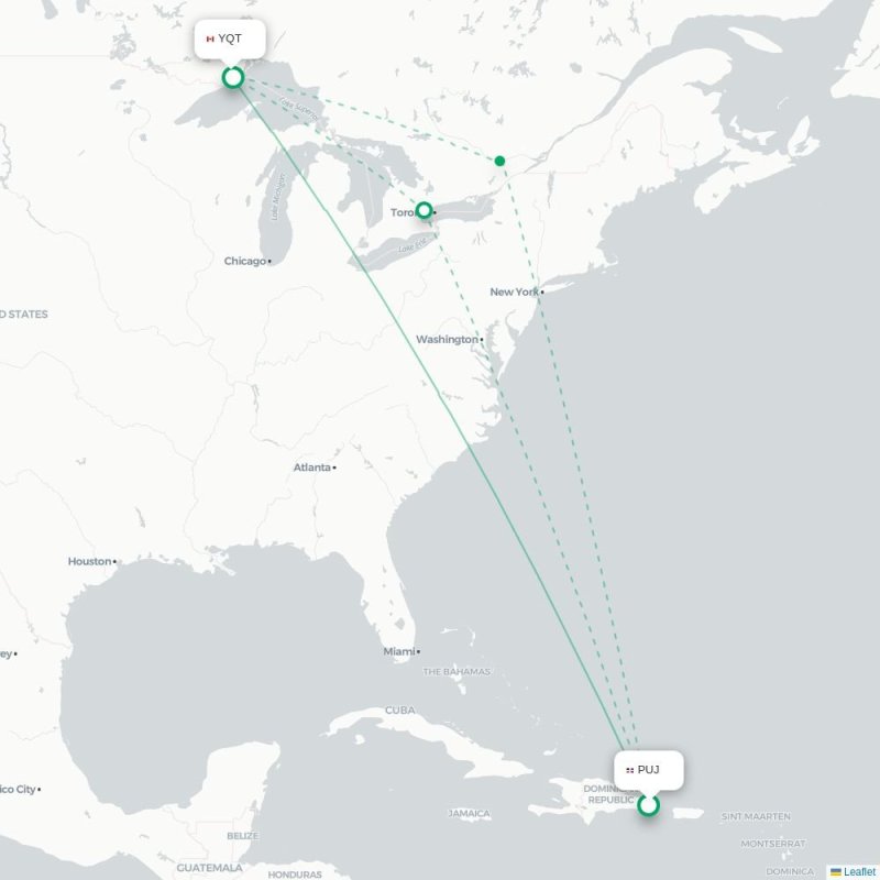 PUJ - YQT route map