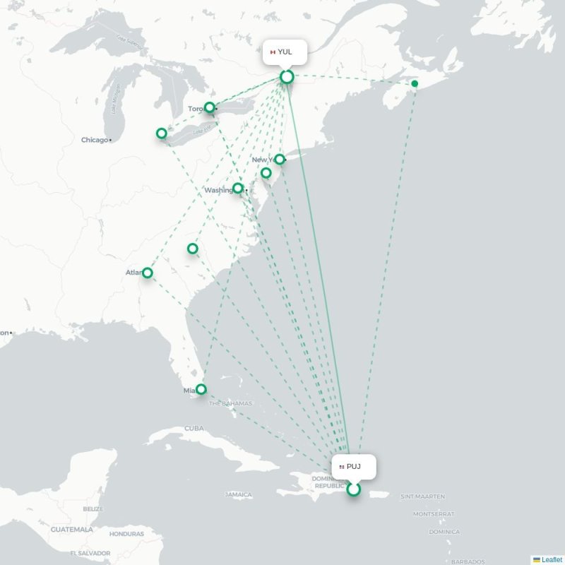 PUJ - YUL route map