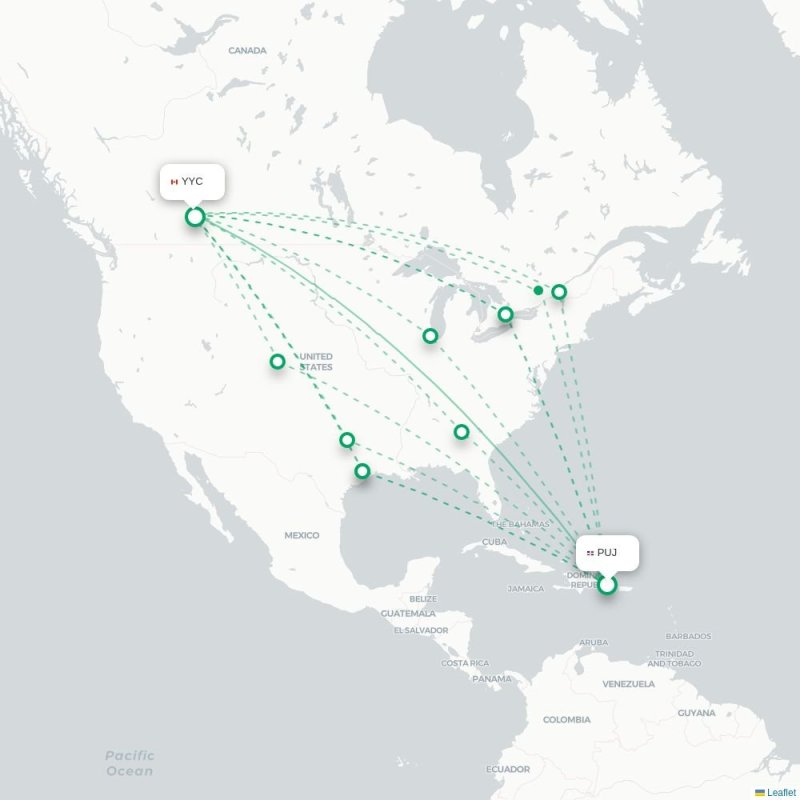 PUJ - YYC route map