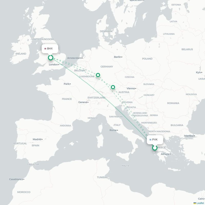 PVK - BHX route map