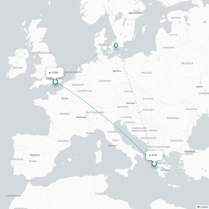 PVK - LGW route map