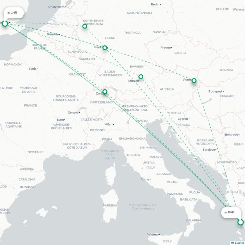 PVK - LHR route map
