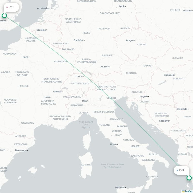 PVK - LTN route map