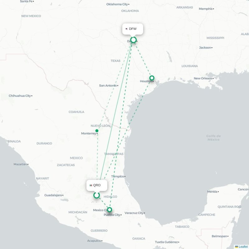 QRO - DFW route map