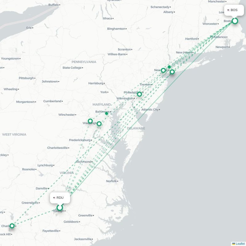 RDU - BOS route map